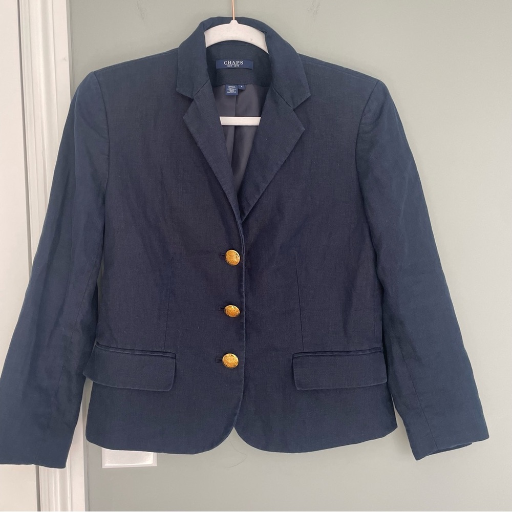 Chaps 100% Linen Nautical Inspired Navy Blue 3 Gold Button Front Blazer
